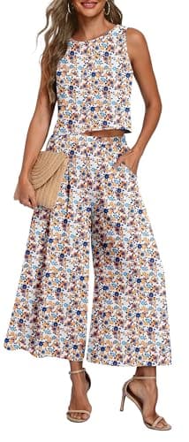 Lepunuo Womens Summer 2 Piece Outfits Sleeveless Crop Top Flowy Wide Leg Pants Matching Sets Vacation Beach Travel Outfits - Image 1