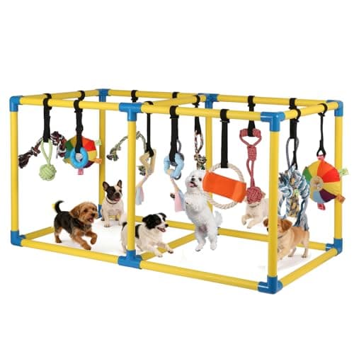 Autyomo 38" Extra Large Puppy Play Gym Jungle Gym with 14 Toys, Indoor Dog Activity Center with Adjustable Elastic Tug Straps, Spacious PVC Design for Small Dogs & Puppies 0-6 Months