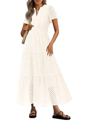 PRETTYGARDEN Womens 2026 Summer Maxi Dress Short Sleeve V Neck Hollow Out Eyelet A Line Long Flowy Beach Vacation Dresses (White,X-Small) - Image 1