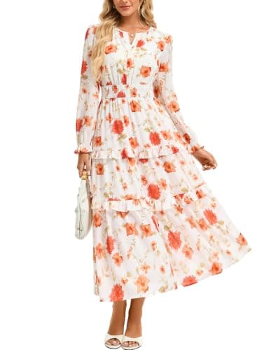 GRACE KARIN Women's Floral Long Sleeve Maxi Dress 2026 V Neck Fall Wedding Guest Outfits Boho Flowy Dresses with Pockets Orange Floral L - Image 1
