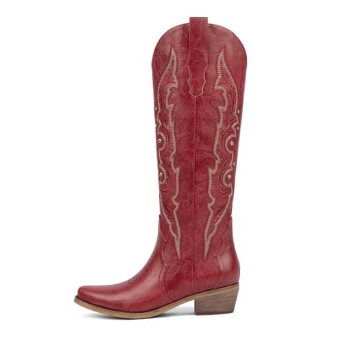 QIY Knee High Cowgirl Cowboy Boots for Women Red Cowgirl Rhinestone Sparkly Western Embroidered Tall Cowboy Boots Womens with Chunky Low Heel Pointed Almond Toe Side Zipper Red Size 9.5 - Image 1
