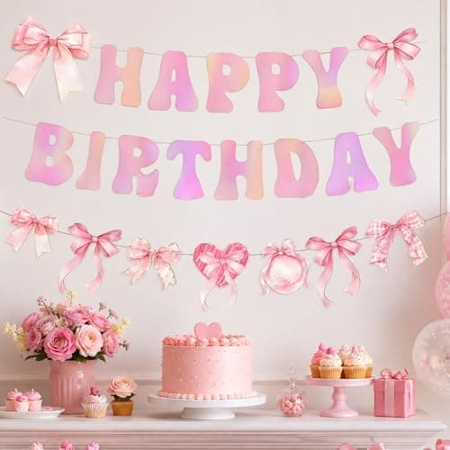 3 Piece Happy Birthday Banner, Pink Birthday Decorations for Girls Women, Pastel Birthday Letter Banner with Bow Garland, Coquette Bow Party Decorations for Backdrop Wall Dessert Table - Image 1