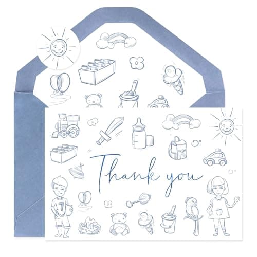 Oaken Leaford Thank You Card Set for Baby Showers - 48 Pack with Envelopes & Stickers, Adorable Blue Cartoon Theme Blank Cards for Newborn Parties