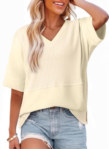 Dokotoo Spring Tops for Women Tshirt Beige Casual Short Sleeve Tops V Neck Summer Outfits for Ladies 2026 Trendy Oversized T-Shirt Casual Dressy Loose Fit Fluffy Touch Waffle Clothing Size Large - Image 1