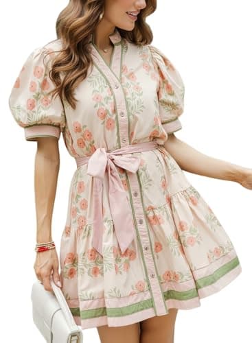 Mazilk Womens Summer Floral Mini Dress V Neck Short Puff Sleeve Button Down Boho Dresses with Tie Waist(Pink,L) - Image 1