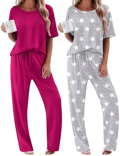 Ekouaer Womens Pajamas Short Sleeve Sleepwear Soft Pjs Top & Long Pants Comfy 2 Piece Lounge Wear Set,XXL - Image 1
