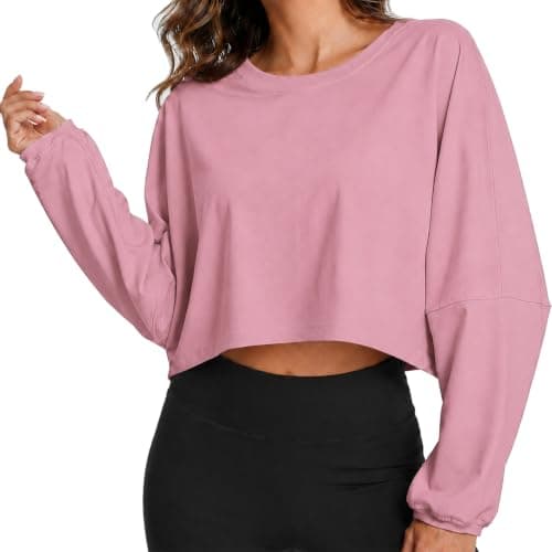 MATEAM Womens Cropped Sweatshirt Loose Fit Workout Tops - Crewneck Pullover Long Sleeve Casual Fashion Sweaters for Yoga Gym Fitness Pink XL - Image 1