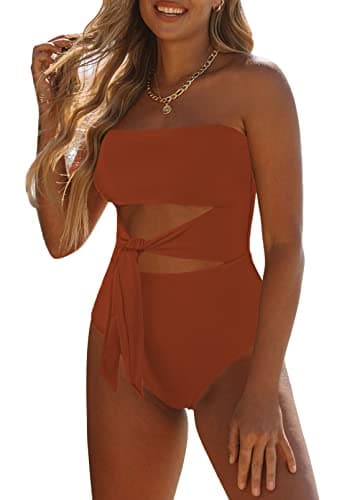 Viottiset Women's Bandeau One Piece Swimsuit Strapless Tie High Cut Out Bathing Suit Burnt Orange Small - Image 1