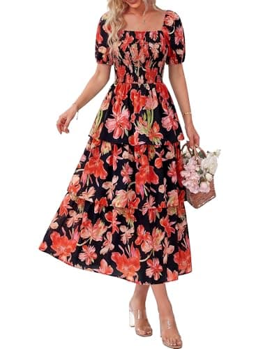 BTFBM Womens Square Neck Smocked Dress Summer Puff Short Sleeve Floral Casual Ruffle Tiered Maxi Wedding Guest Dresses(Floral Black Orange, XX-Large) - Image 1