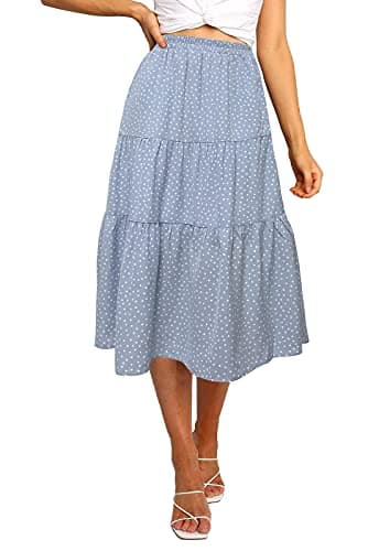MEROKEETY Womens Elastic High Waist Leopard Print Polka Dot A-Line Swing Midi Skirt (02-Blue, Small) - Image 1