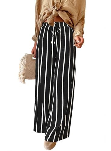 Acelitt Women Casual Striped Loose Wide Leg Pants Drawstring Elastic High Waisted 2026 Fall Fashion Relaxed Fit Beach Pants Trousers Black2 Large - Image 1