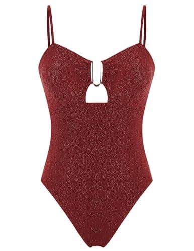 ZAFUL Women's One-Piece Swimsuit Glitter Cut Out Bathing Suit Shiny Tummy Control Tie Back Sexy Monokini Swimwear Red XL - Image 1