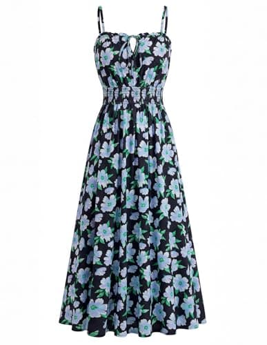 GRACE KARIN 2026 Women's Hawaiian Midi Sundress Summer Vacation Spaghetti Floral Clothes Boho Casual Dresses with Pockets Blue Black Floral M - Image 1