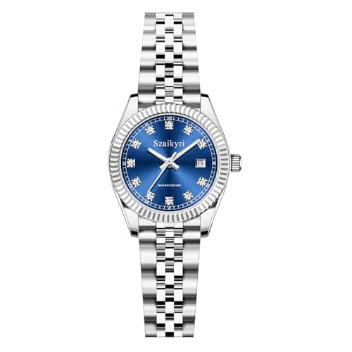 Szaikyri Classic Watch for Women with Solid Stainless Steel Band Ladies Dress Watch Womens Calendar Watch (Silver Blue) - Image 1