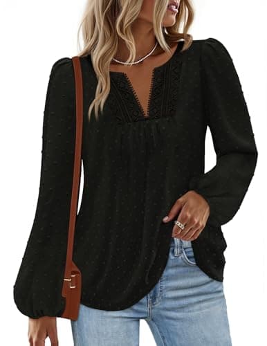 MEROKEETY Women's Fall Long Sleeve Blouse Shirt 2025 Dressy Casual Crochet Lace V Neck Swiss Dot Tops, Black, Large - Image 1