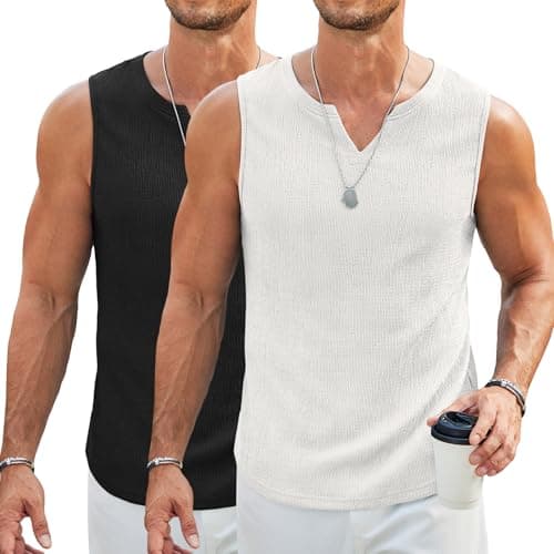 COOFANDY Men Casual Tank Tops Textured 2 Pack Sleeveless Tee V Neck Tshirts Lightweight Fitted Knit Tanks White - Image 1