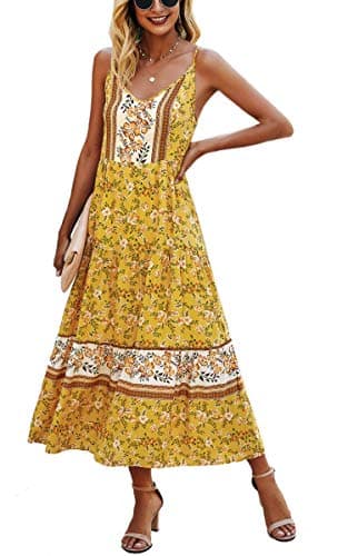 Angashion Women's Dresses Floral Adjustable Spaghetti Strap V Neck Boho Long Maxi Dress Summer Beach Flowy Ethnic Sundress 2141 Yellow X-Large - Image 1