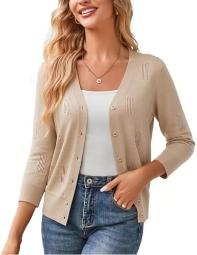 GRACE KARIN Women 3/4 Sleeve Cardigans for Women, Lightweight Cardigan Sweaters, Spring Open Front Button Down Tops Apricot L - Image 1