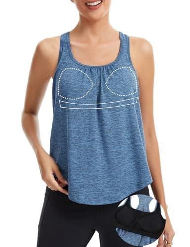 SLIMBELLE Built in Bra Workout Tank for Women Running Yoga Gym Tennis Sport Cami Shirt Racer Back Crewneck Loose Fit Top Blue M - Image 1