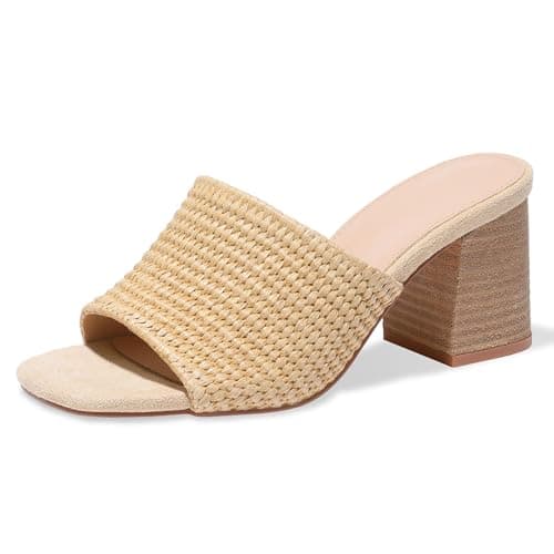 Ancomafio Women's Heeled Sandals Raffia Heels Square Open Toe Sandals Backless Mules Slip On Block Slides Brown Size 9 - Image 1