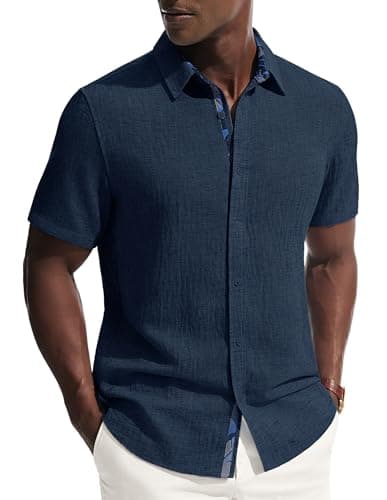 PJ PAUL JONES Men's Short Sleeve Button Down Shirt Casual Linen Summer Beach Wedding Dress Shirt Dark Blue - Image 1
