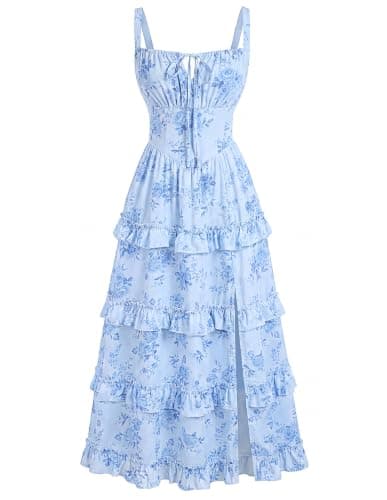 Women's Floral Corset Dress 2026 Summer Spring Wedding Guest Dresses Flowy Sundress with Pockets ICY Blue Floral L - Image 1
