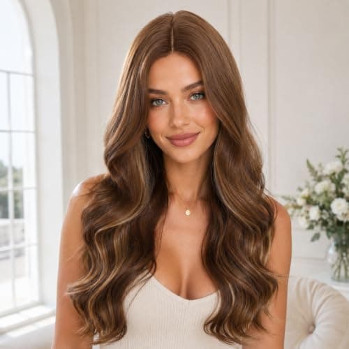 Barbique Highlight Brown 24 Inch Long Wavy Wig for Women, Synthetic Body Wave Lace Wig, Middle Part Natural Hairline Glueless Wig for Daily Wear