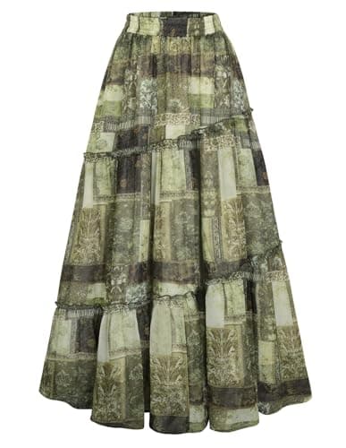 Scarlet Darkness Boho Maxi Skirt for Women Tiered Flowy Long Skirts with Pockets 2026 Summer Spring Vacation Outfits Green Patchwork Floral XL - Image 1