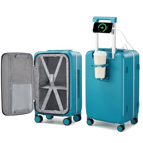 Hanke 24 Inch Checked Luggage with Cup Holder and USB Ports,Top Opening Hard Shell Suitcase with Wheels,Aluminum Frame Trunk Luggage with Foldable Dividers & TSA Lock for Travel, Caribbean Blue - Image 1
