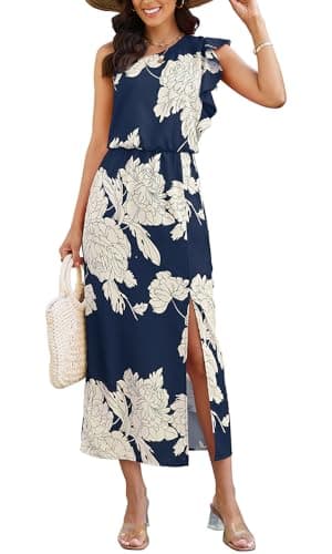 CCTOO Women Summer Floral Dresses Ruffle One Shoulder Sleeveless Flowy Beach Vacation Wedding Guest Maxi Dress Navy Blue S - Image 1