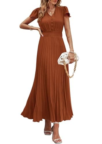 PRETTYGARDEN Women's Summer Maxi Dresses 2026 Trendy Casual Button V Neck Ruffle Cap Sleeve Long Flowy Spring Pleated Dress (Brown,Small) - Image 1