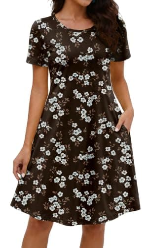 COSSEN Women's Summer 2026 Casual Tshirt Dress Navy Blue Print Medium Crew Neck Short Sleeve with Pockets Flowy Loose Swing A-Line Sundress - Image 1