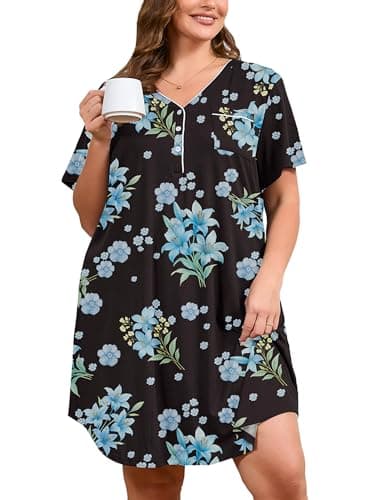AusLook Plus Size Floral Nightgown for Women Midi Sleep 3X Dress Short Sleeve V Neck Flowy Lounge House Dress Casual Printed Night Dress - Image 1