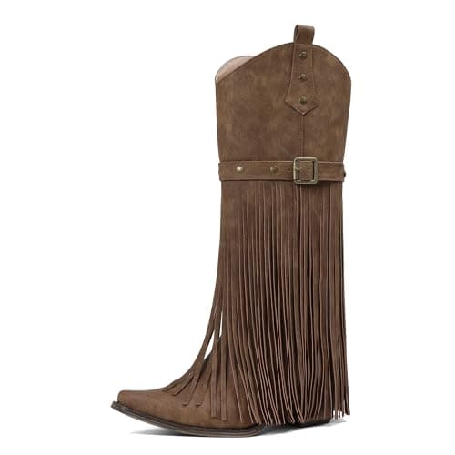 Grakihily Fringe Cowgirl Boots for Women Retro Square Toe Side Zipper Block Chunky Heel Tassel Country Concert Outfits Mid Calf Western Cowboy Boots,Light-Brown Size 9 - Image 1