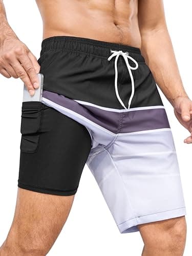 SILKWORLD Men's Swim Trunks with Compression Liner Quick Dry Bathing Suits 9 Inch Swimming Shorts with Zipper Pockets, Black Grey Stripes, Large - Image 1