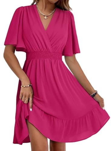 Dokotoo Women's Dresses Cute Summer Outfits Dresses for Women 2026 Casual Fashion Deep V Neck Ruffle Elegant Flowy Waist Mini Dress Short Skirt Dress Clothes Beach Dress Rose Red Small - Image 1