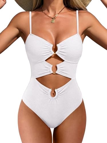 ANRABESS Women One Piece Swimsuits Sexy Cutout Full Coverage Bathing Suit Ring Link Ruched Monokini Beach Swimwear White Small - Image 1