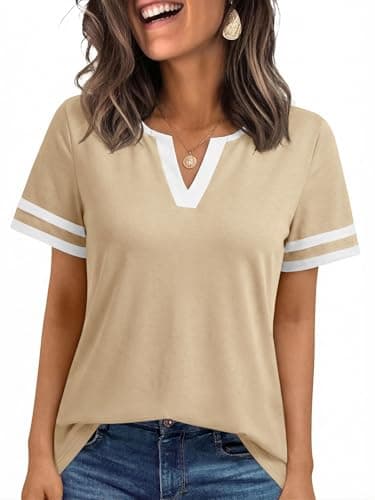 Humordream Womens V Neck Summer T-Shirts Short Sleeve Colorblock Loose 2026 Dressy Casual Raglan Tops Apricot - Image 1