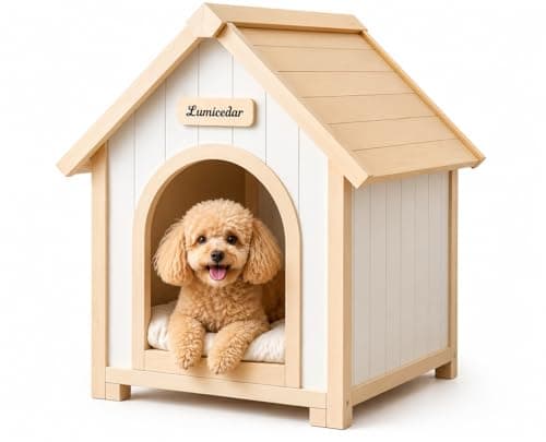Lumicedar Indoor Dog House for Small Dogs, Solid Cedar Wood Dog House Indoor, A-Frame Wooden Dog House, Arched Door & Soft Dog Bed, Dog House for Dogs & Cats(Natural, 21.7" L x 23.6" W x 27.6" H) - Image 1