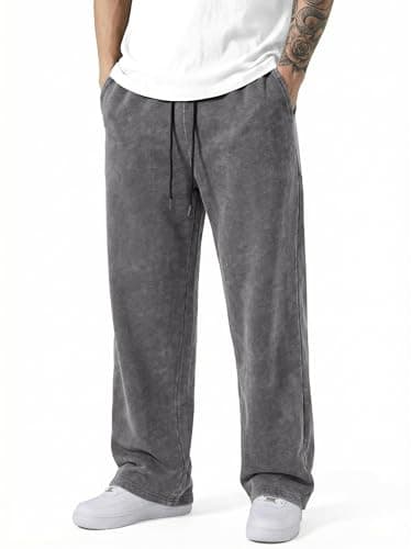 JMIERR Men's Sweatpants Acid Washed Baggy Wide Leg Heavyweight Cotton Fleece Drawstring Casual Streetwear Pants with Pockets, S, Dark Grey - Image 1
