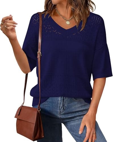 PRETTYGARDEN Women's Short Sleeve Sweater Tops 2026 Spring Summer Casual V Neck Ribbed Knit Trendy Eyelet Blouse T Shirts (Dark Royal Blue,Medium) - Image 1