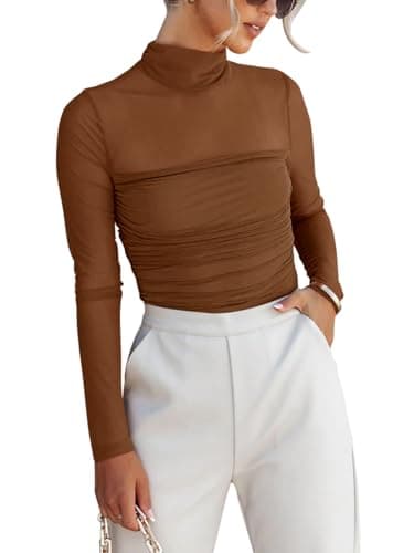 REORIA Women’s Fall Sexy Mock Turtle Neck Long Sleeve Sheer Mesh Slim Fit Ruched Trendy Going Out Leotard Bodysuits Tops Brown Small - Image 1
