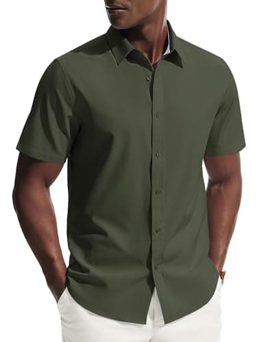 PJ PAUL JONES Mens Short Sleeve Button Down Shirts Wrinkle Free Untrucked Dress Shirts for Men Stretch Collared Shirt Solid Regular Fit Army Green - Image 1