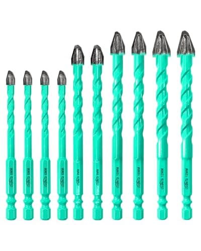 LEKOMESH 10PCS Carbide Masonry Drill Bit Set, 1/4"–1/2", 4-Cross 9-Edge Tip for No Walking & Precise Drilling, Hex Shank Multi-Material Bits for Tile, Ceramic, Brick, Concrete, Glass, Wood
