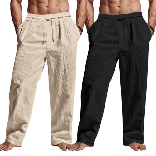 TRFIC Men's Linen Pants 2 Pack Lightweight Drawstring Elastic Waist Loose Fit Straight Leg Beach Yoga Pants with Pockets - Image 1