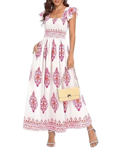 BTFBM Summer Dresses for Women 2026 Casual Floral Boho Sleeveless Square Neck A Line Flowy Beach Maxi Sundress Pockets(Floral White Rose Red, X-Large) - Image 1