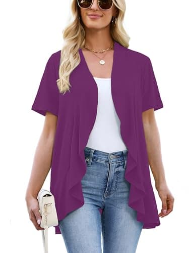 Heymoments Cardigan for Women Violet X-Large Draped Open-Front Short Sleeve Lightweight Casual Soft Drape Summer Kimonos Ladies Ruffle Shrug - Image 1