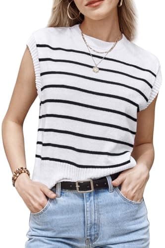 Arach&Cloz Women Business Casual Outfits Sleeveless Tank Tops Crew Neck Striped Sweater Vest Spring Summer 2024 White-Black - Image 1