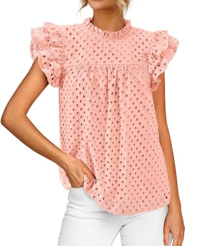 BTFBM Casual Summer Tops for Women 2025 Short Ruffle Sleeves Shirts Crew Neck Hollow Out Lace Embroidered Blouses(Pink,X-Small) - Image 1