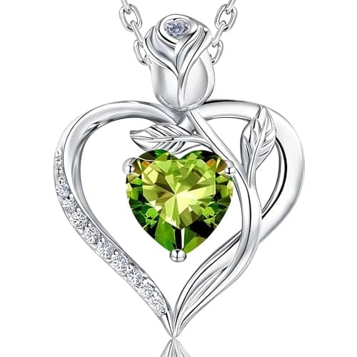 1.2CT Rose Heart Necklace Option of Moissanite or Lab-Grown Sapphire Ruby Emerald&More Necklace for Women Birthstone Girlfriend Necklace S925 Sterling Silver 18K White/Rose Gold Plated D Color VVS1 Gift for Wife Mother Daughter for Birthday Anniversary Mothers Day Necklace for Mom Engraved 'I LOVE YOU' Flower Floral Necklace (Aug Olive Green Silver) - Image 1